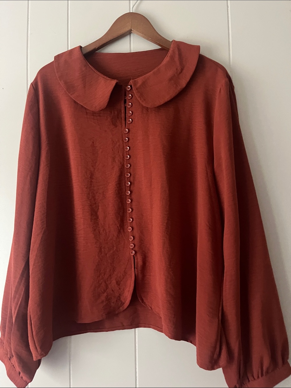 Women's Rust Red Button-Front Blouse with Peter Pan Collar